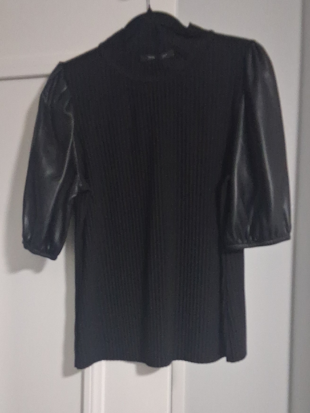 Marc New York Black Ribbed Top with Faux-Leather Puff Sleeves